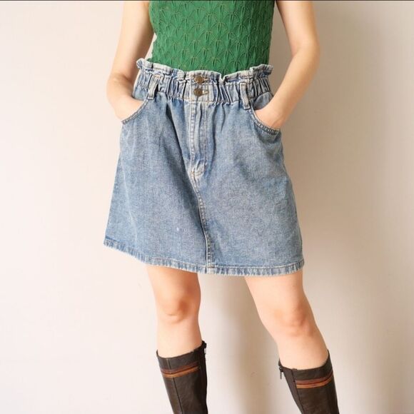 Vintage Eighty Two Denim Y2K Paper Bag Elastic High Waisted Jean Mini Skirt L - Picture 1 of 6